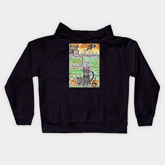 Halloween cat painting Kids Hoodie by SamsArtworks